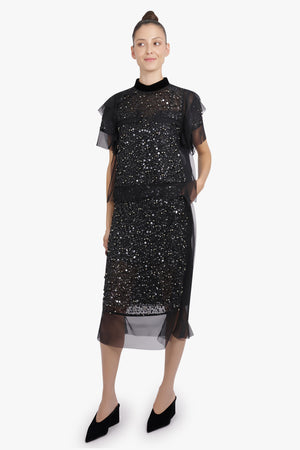 SACAI RTW Sequin Embroidery Sheer Midi Skirt | Black