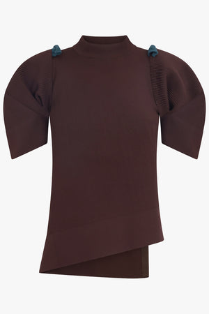 SACAI RTW Structured Shoulder S/S Asymmetric Knit Pullover | Brown