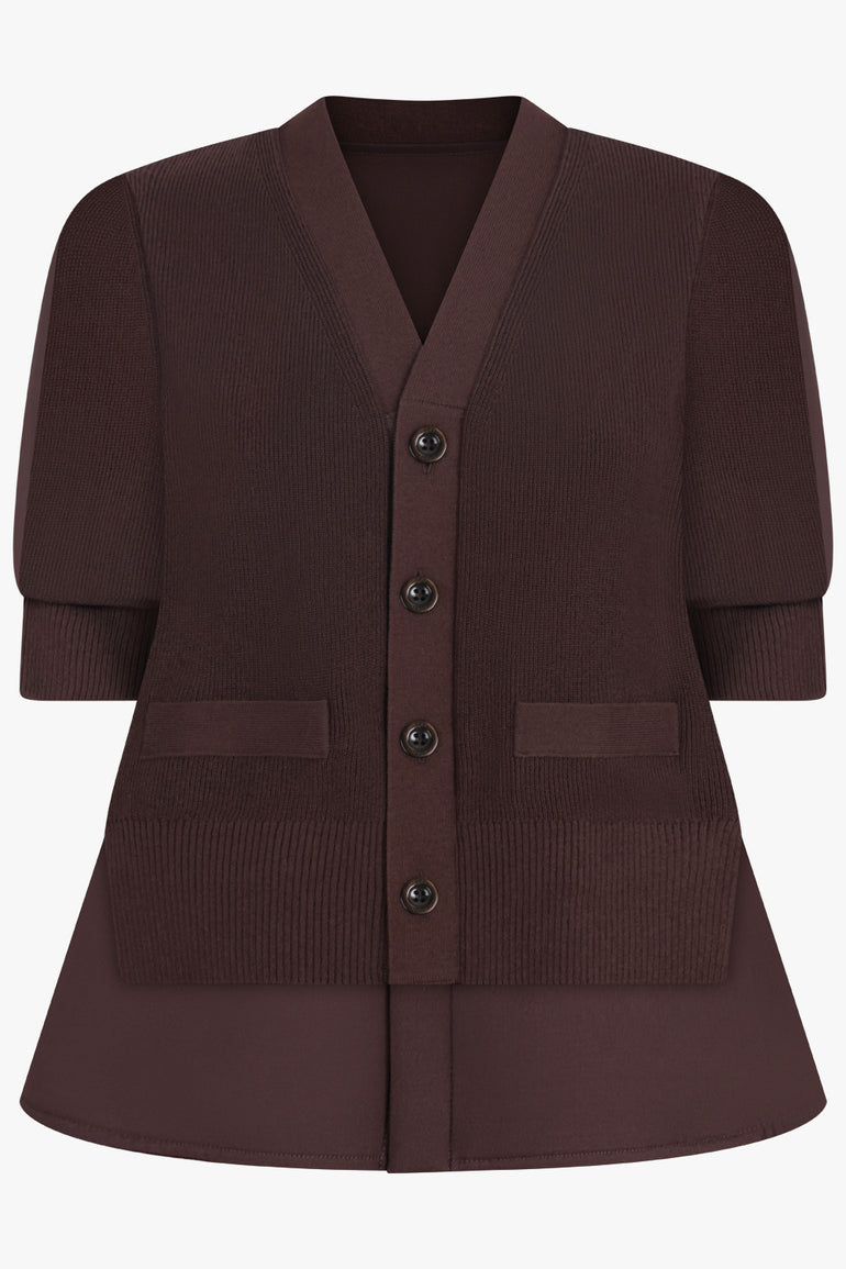 SACAI RTW Suiting Contrast S/S Layered Knit Cardigan | Brown
