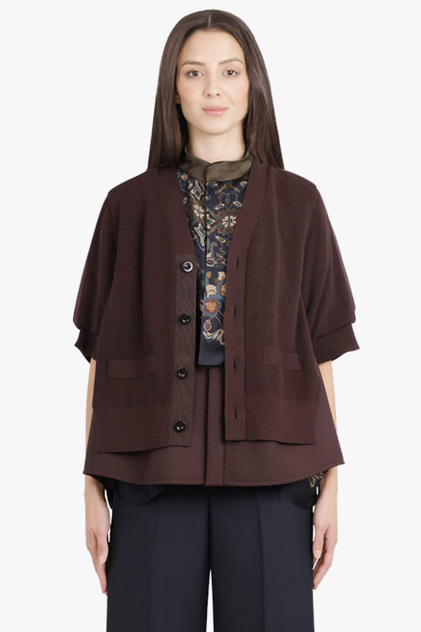 SACAI RTW Suiting Contrast S/S Layered Knit Cardigan | Brown