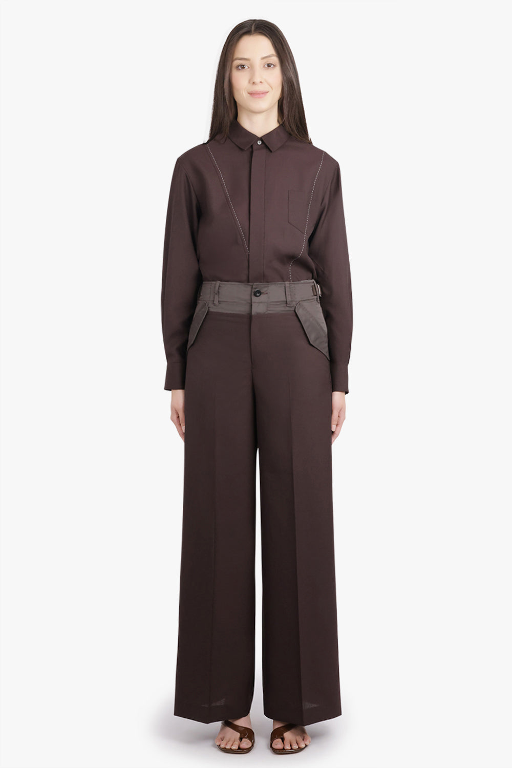 SACAI RTW Suiting Contrast Wide Leg Pant | Brown