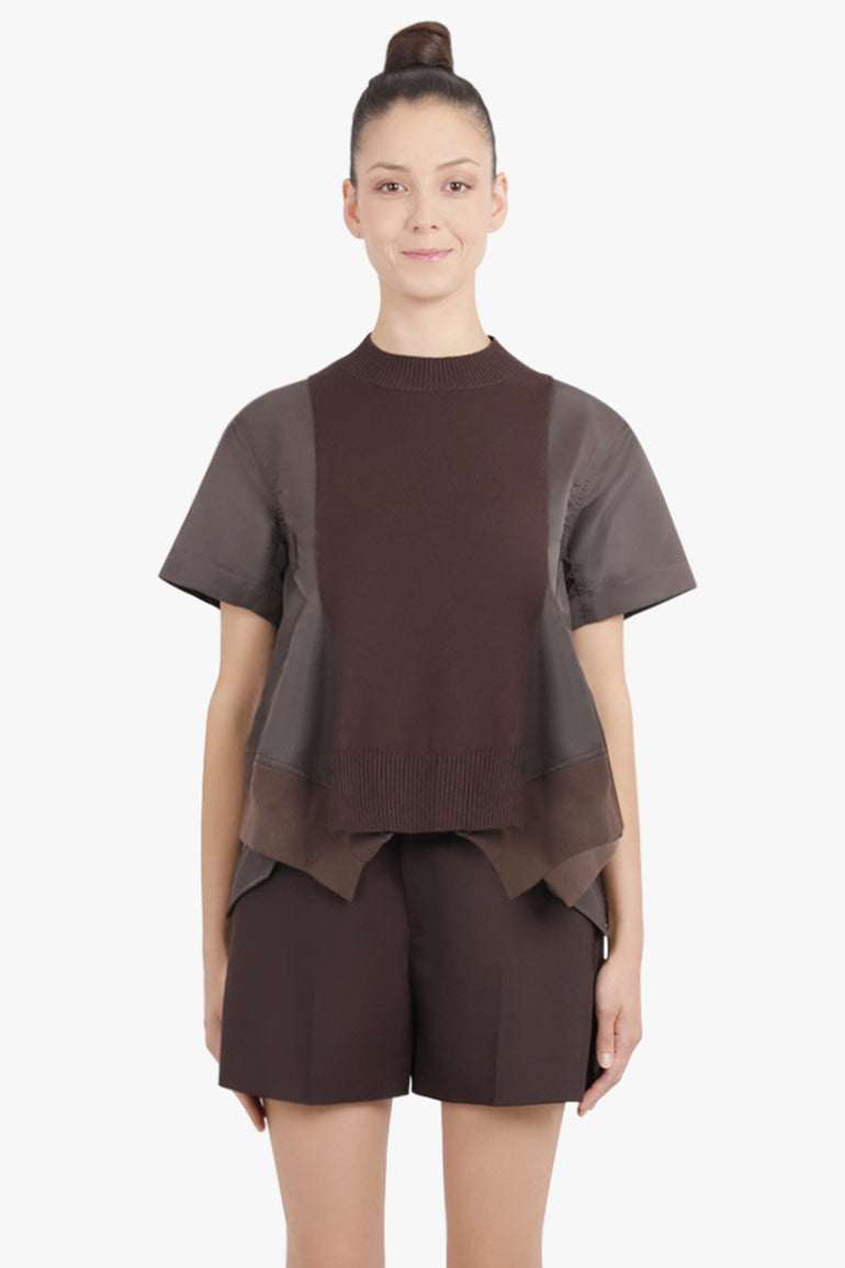 SACAI RTW Contrast S/S Panel X Knit Pullover Top | Brown