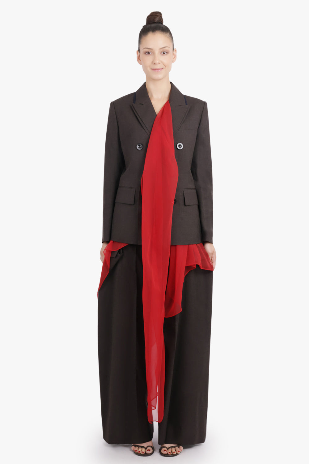 SACAI RTW Double Breasted Jacket With Long Attached Scarf | Brown/Red