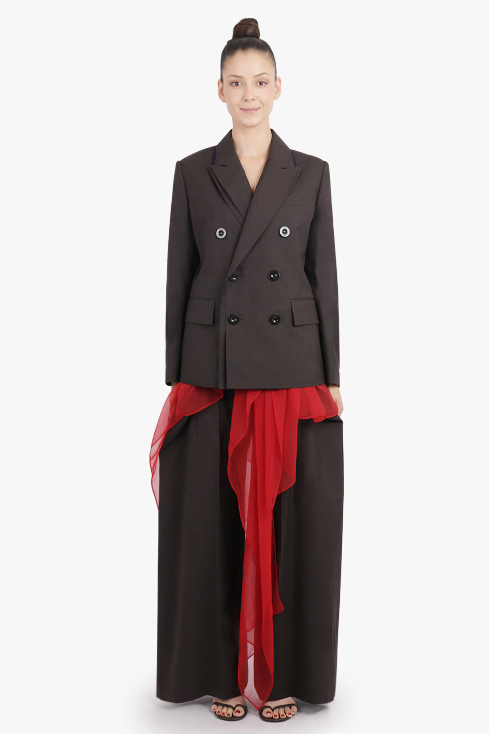 SACAI RTW Double Breasted Jacket With Long Attached Scarf | Brown/Red