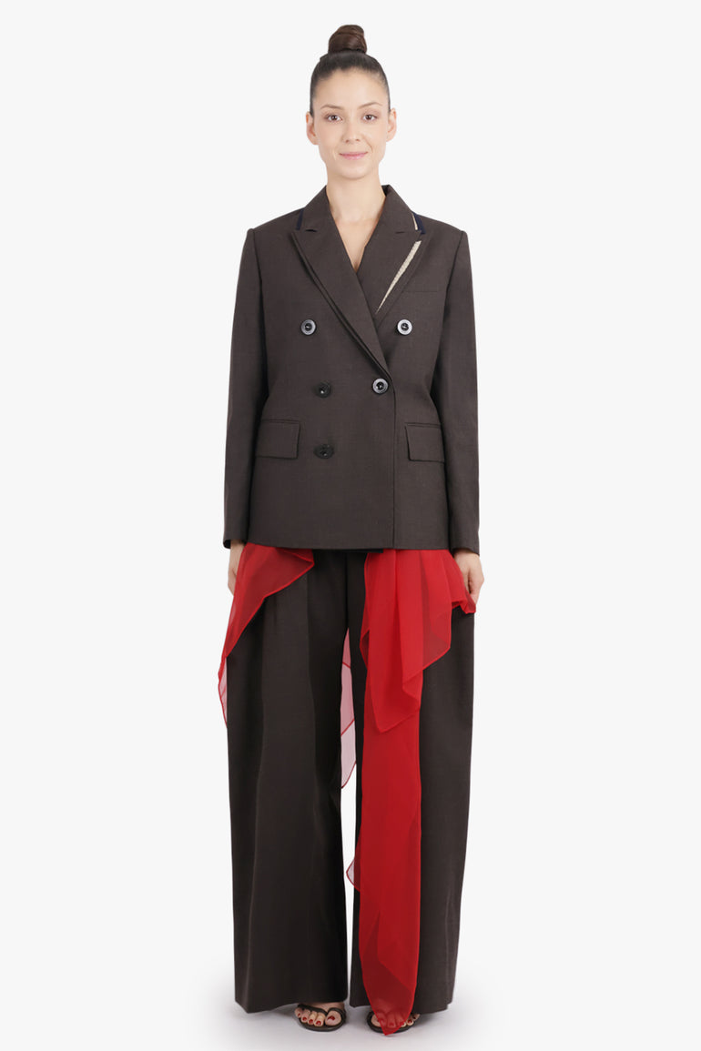 SACAI RTW Double Breasted Jacket With Long Attached Scarf | Brown/Red