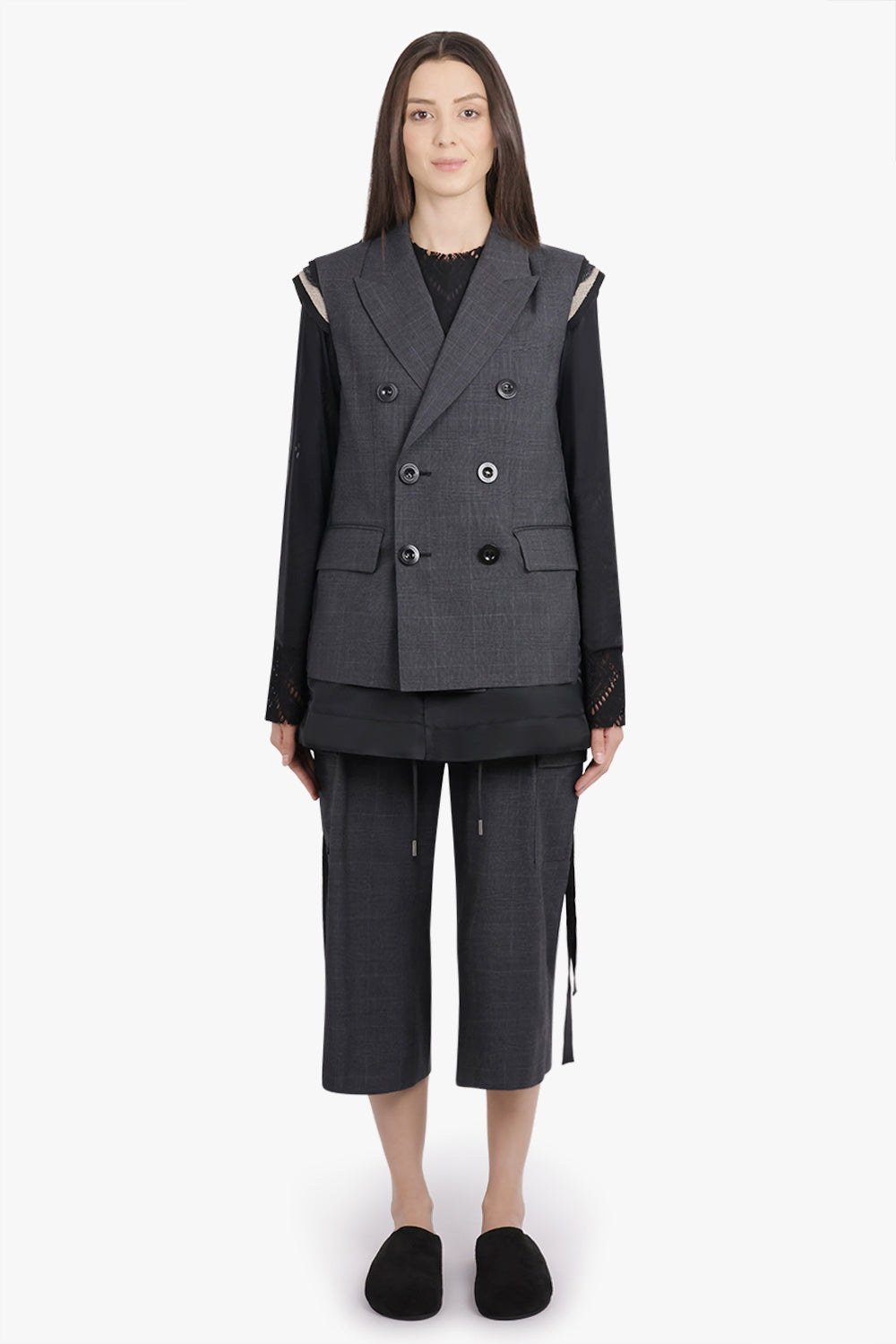 SACAI RTW Glen Check Print Contrast Panel Longline Vest With Exposed Shoulder Pads | Grey/Black