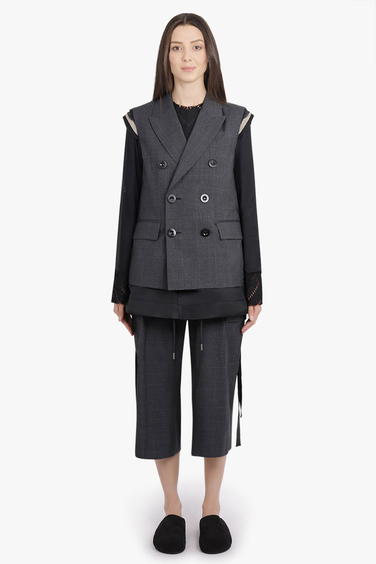 SACAI RTW Glen Check Print Contrast Panel Longline Vest With Exposed Shoulder Pads | Grey/Black