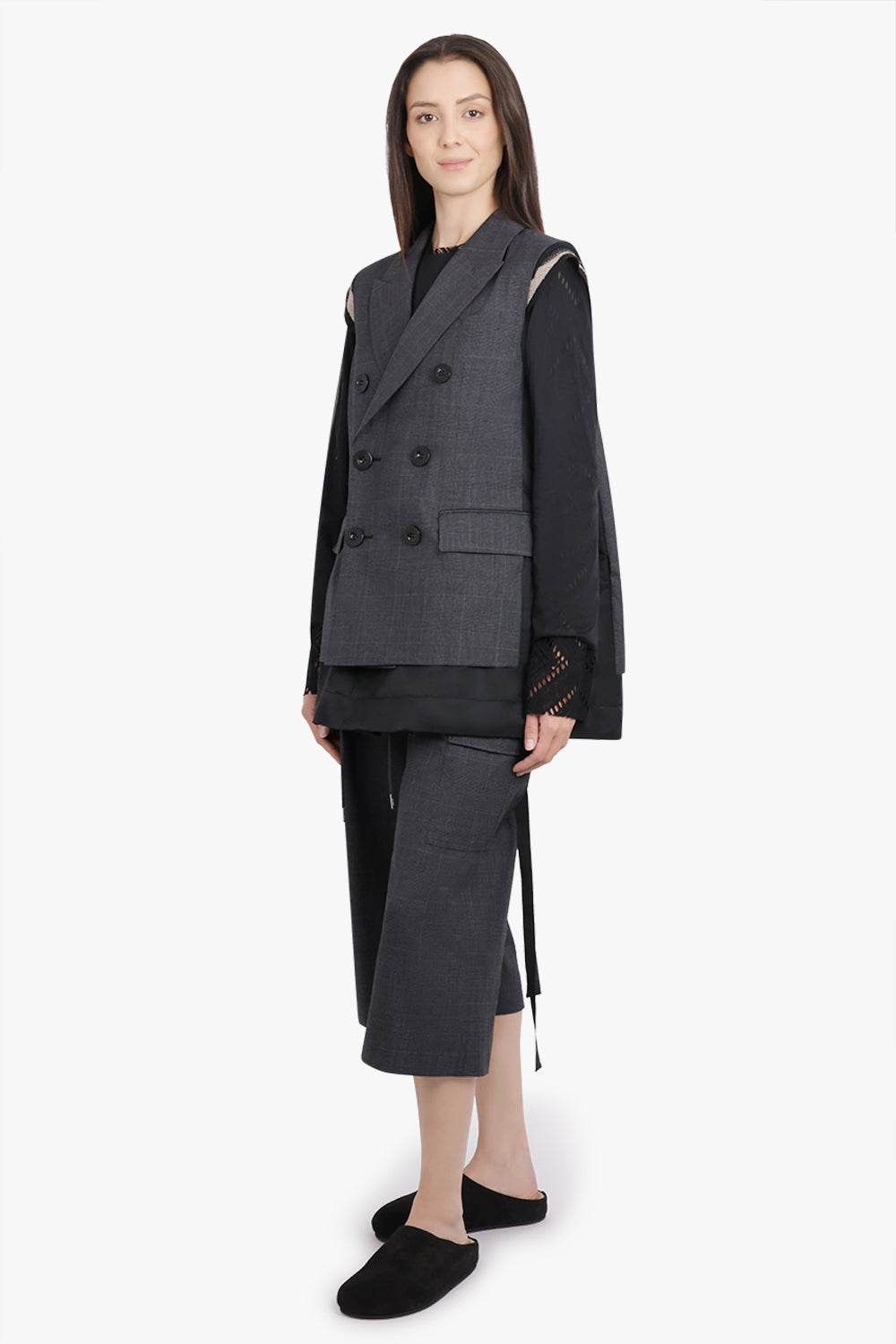 SACAI RTW Glen Check Print Relaxed Tapered Pant With Adjustable Straps | Grey/Black