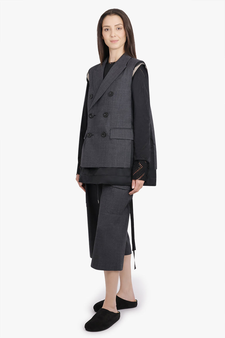 SACAI RTW Glen Check Print Relaxed Tapered Pant With Adjustable Straps | Grey/Black