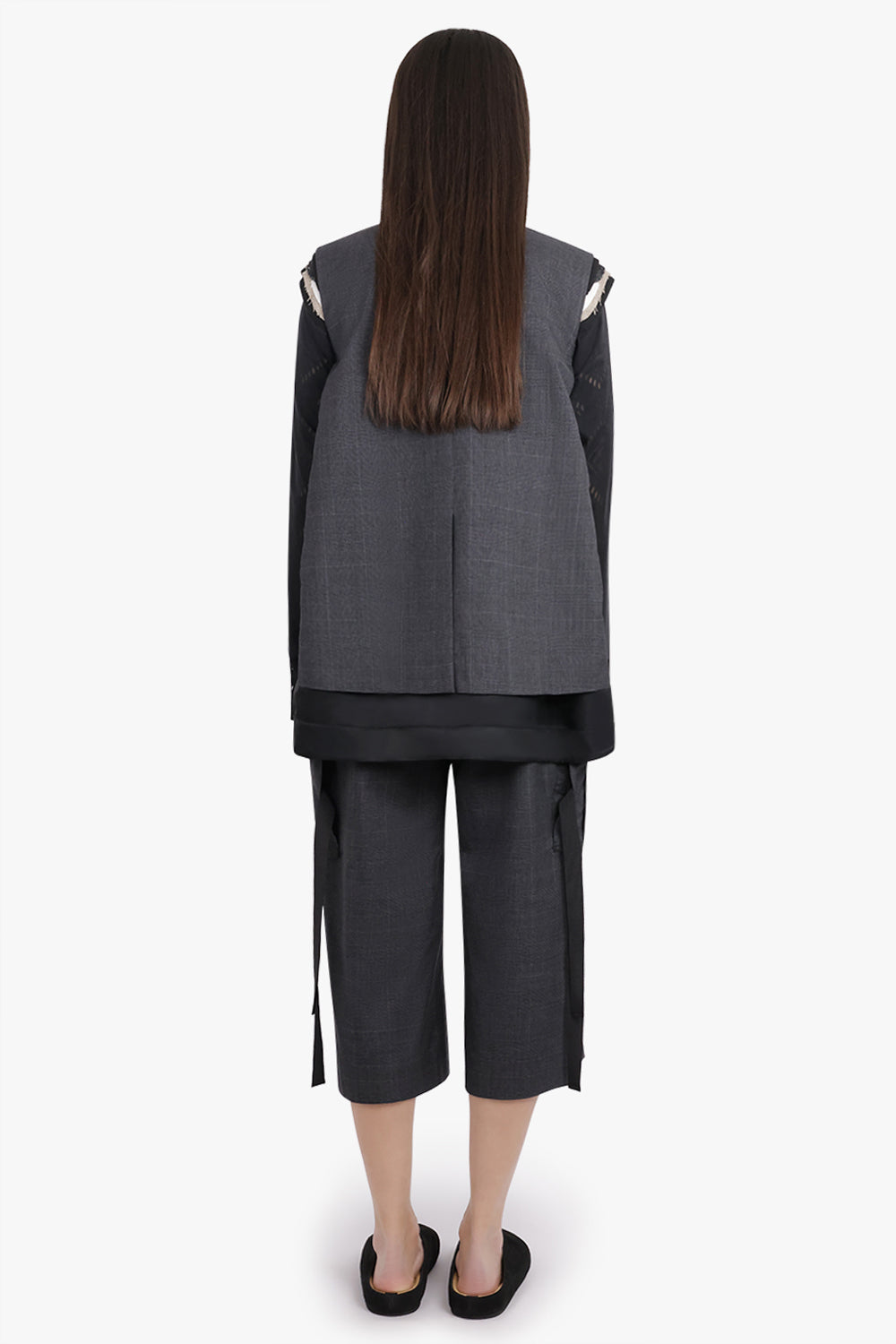 SACAI RTW Glen Check Print Contrast Panel Longline Vest With Exposed Shoulder Pads | Grey/Black
