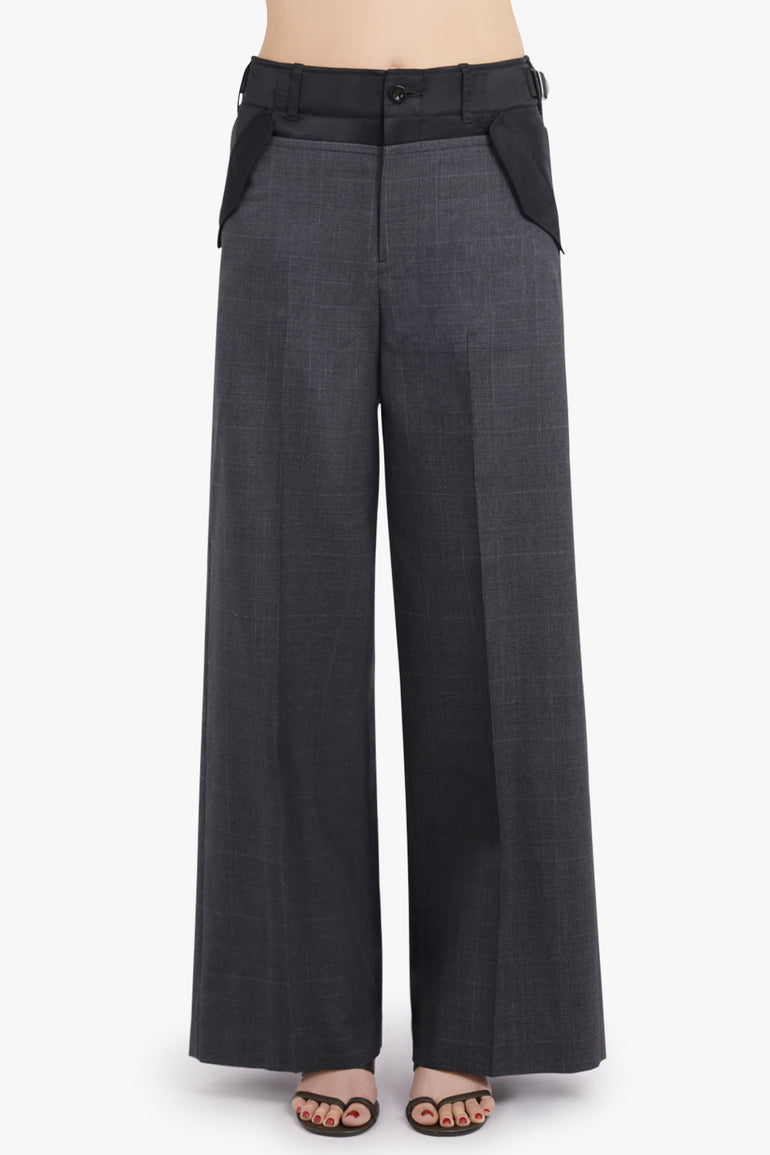 SACAI RTW Glen Check Print Contrast Wide Leg Pant | Grey/Black