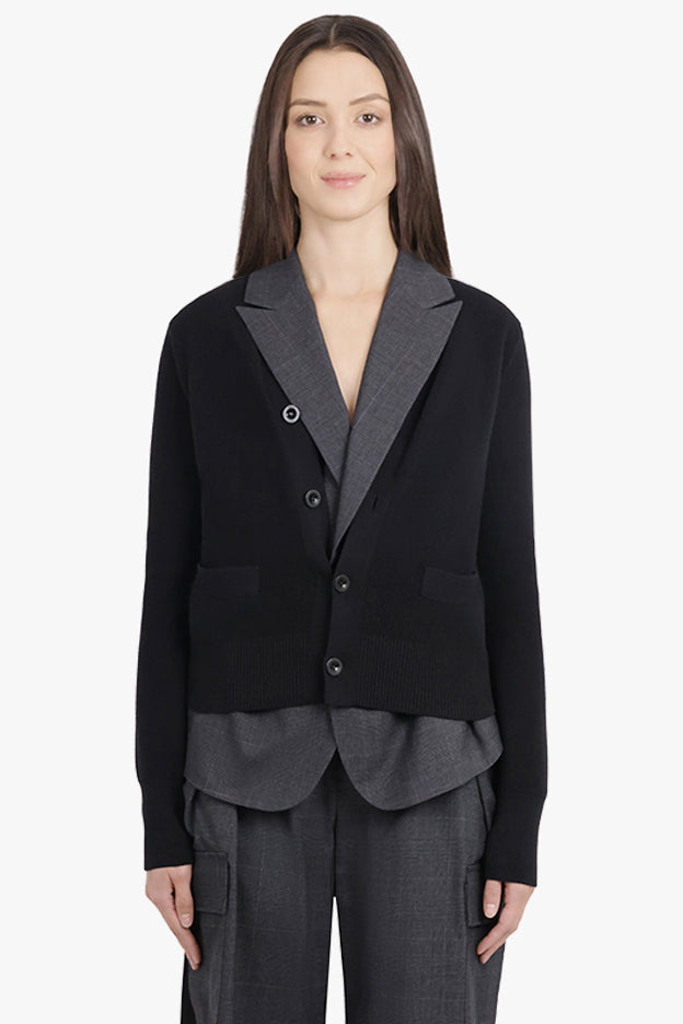 SACAI RTW Glen Check Print Jacket With Knit Cardigan Overlay | Black/Grey
