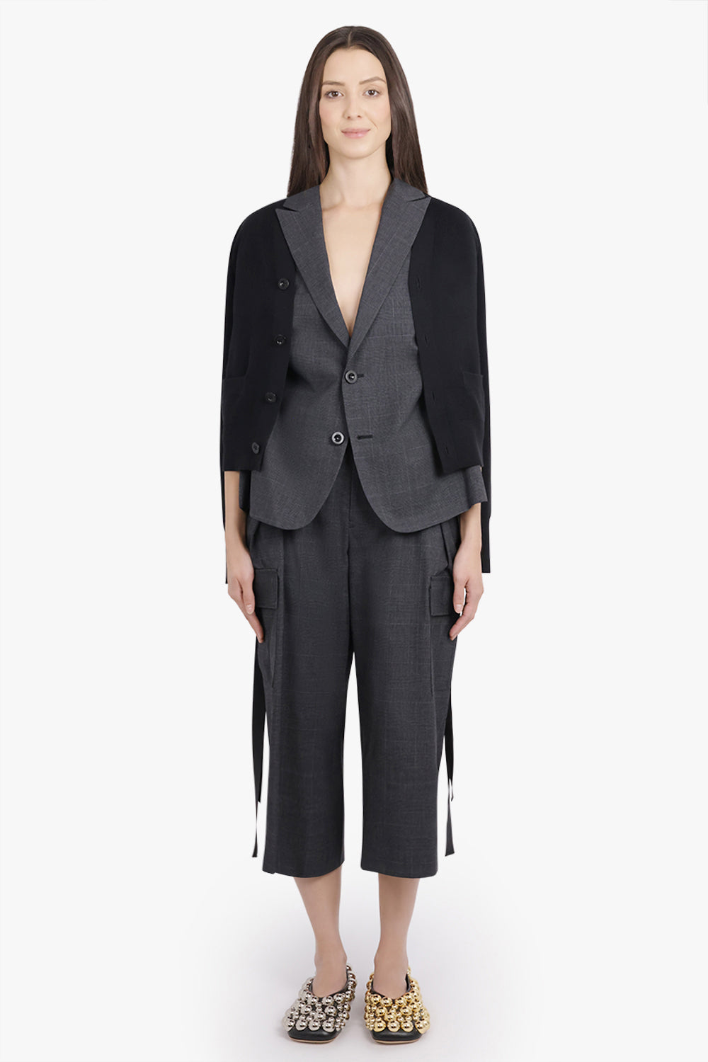 SACAI RTW Glen Check Print Jacket With Knit Cardigan Overlay | Black/Grey