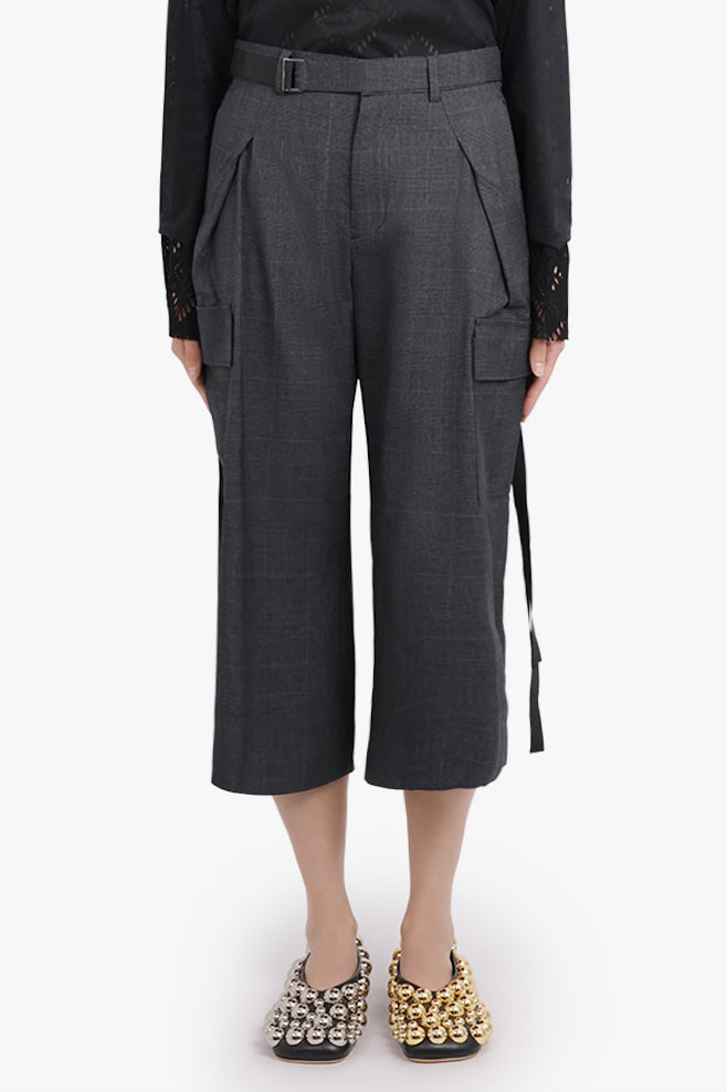 SACAI RTW Glen Check Print Relaxed Tapered Pant With Adjustable Straps | Grey/Black