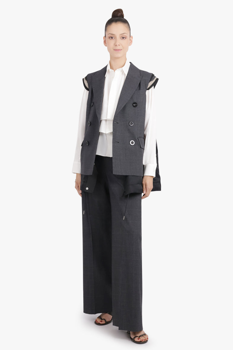 SACAI RTW Glen Check Print Contrast Panel Longline Vest With Exposed Shoulder Pads | Grey/Black