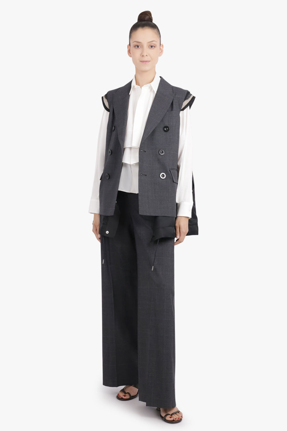 SACAI RTW Glen Check Print Contrast Wide Leg Pant | Grey/Black