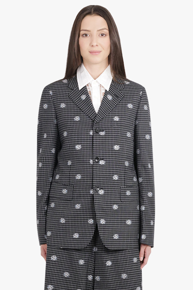 COMME DES GARCONS HOMME PLUS RTW Single Breasted Check Jacket With Flower Embellishment | Black/White