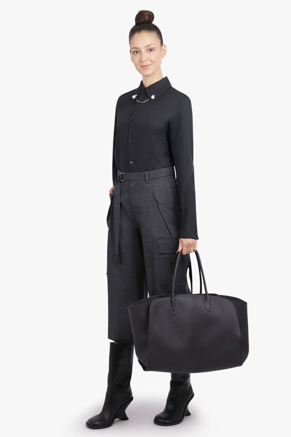 SACAI RTW Glen Check Print Relaxed Tapered Pant With Adjustable Straps | Grey/Black