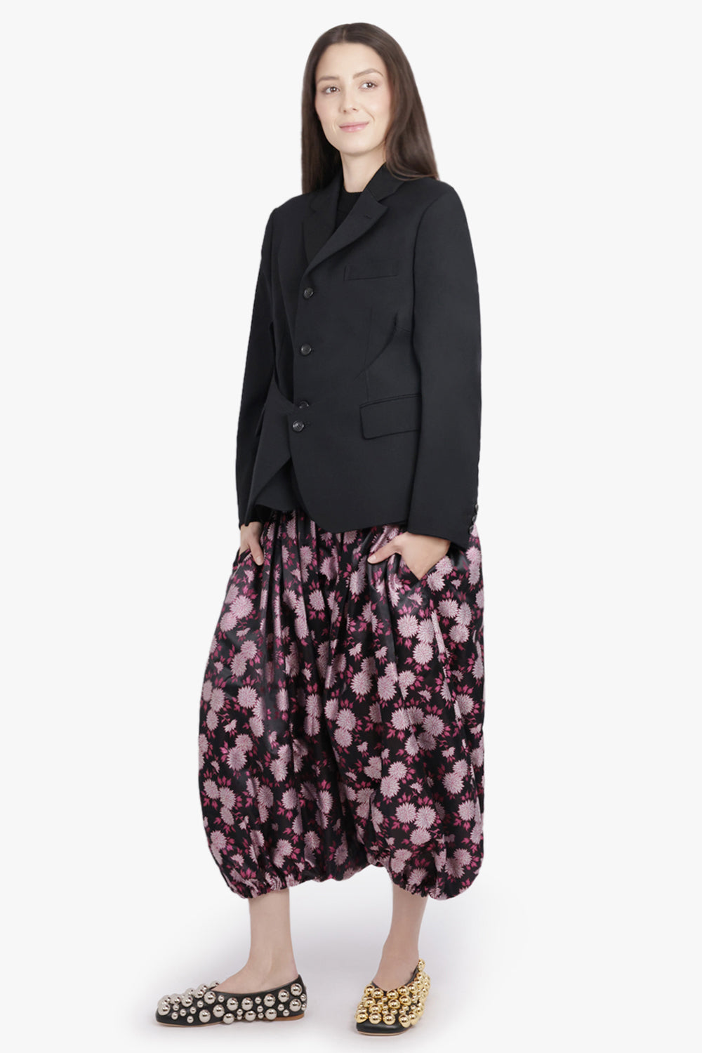 COMME DES GARCONS RTW Floral Print Elastic Waist Drop Crotch Crop Pant | Black/Pink