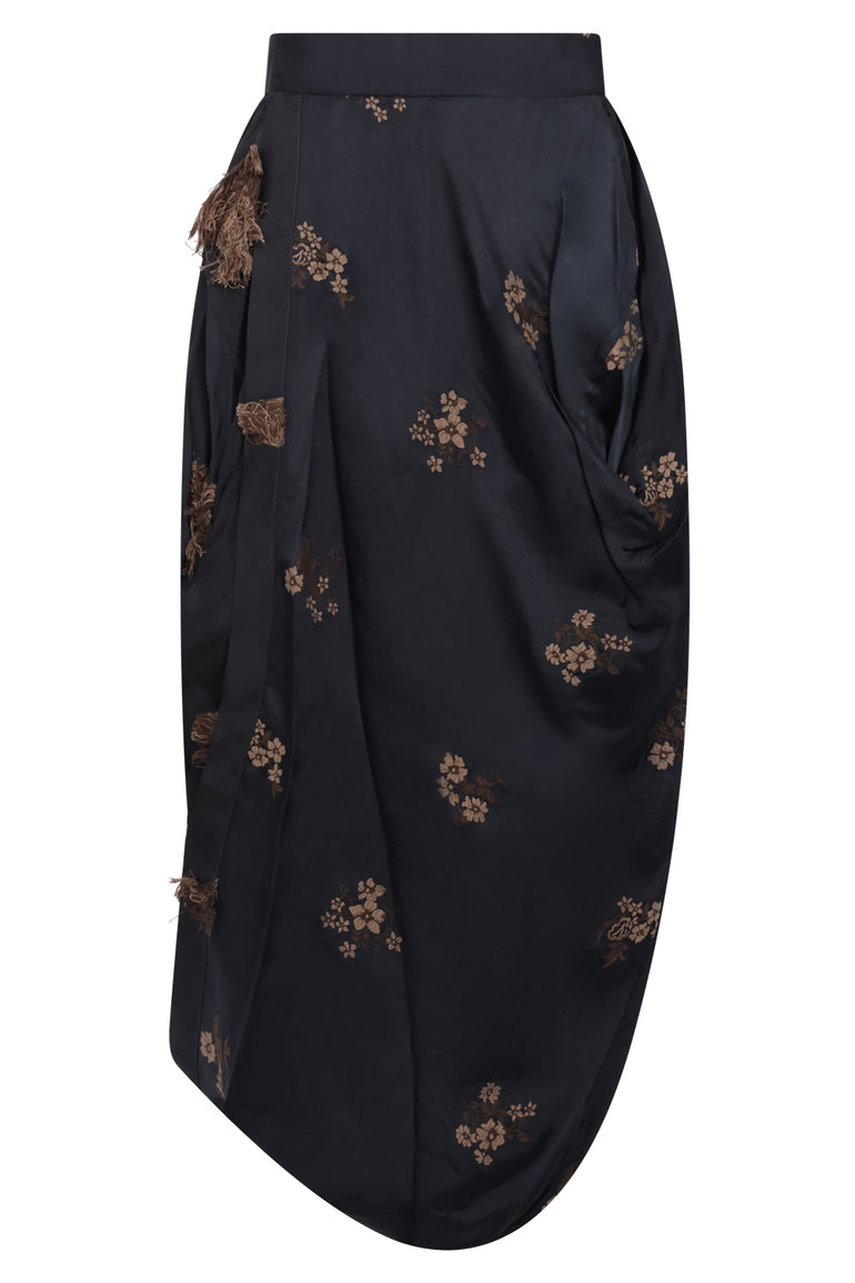 UMA WANG RTW Gink Floral Embroid Asymmetric Midi Skirt | Black/Tan