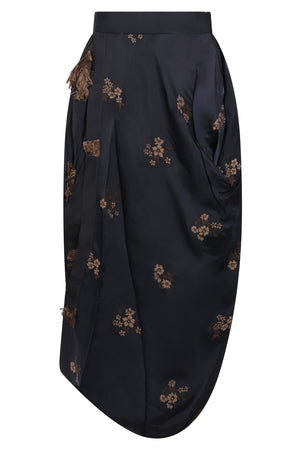 UMA WANG RTW Gink Floral Embroid Asymmetric Midi Skirt | Black/Tan