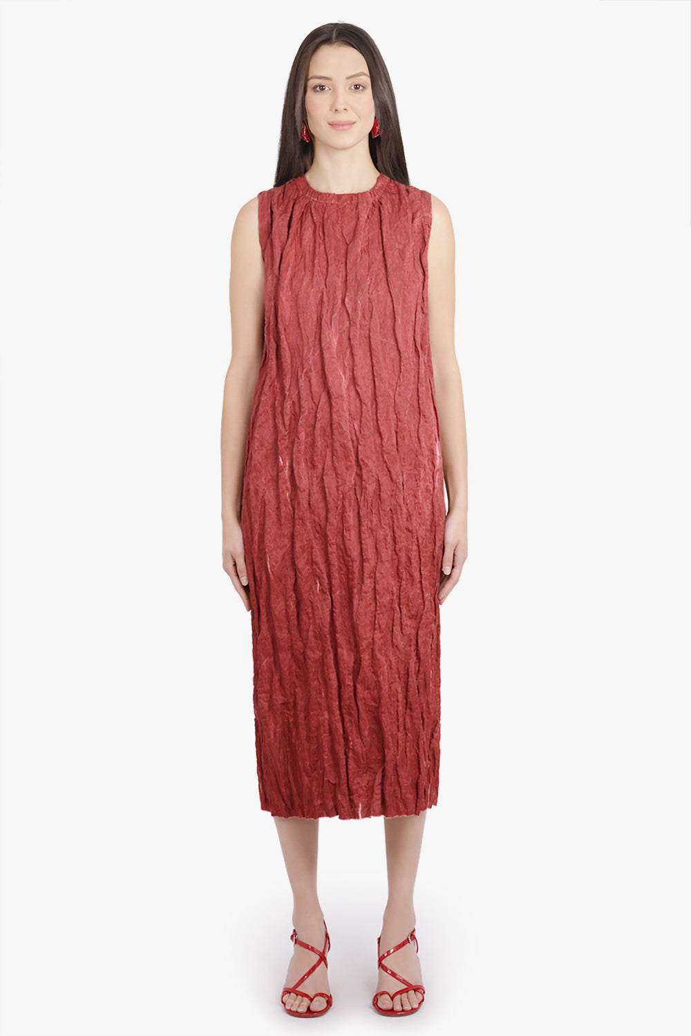 UMA WANG RTW Tan Relaxed Pleat S/Less Midi Dress | Red