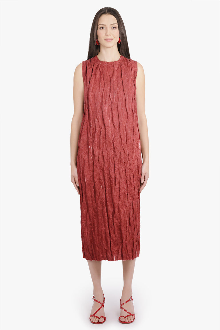 UMA WANG RTW Tan Relaxed Pleat S/Less Midi Dress | Red