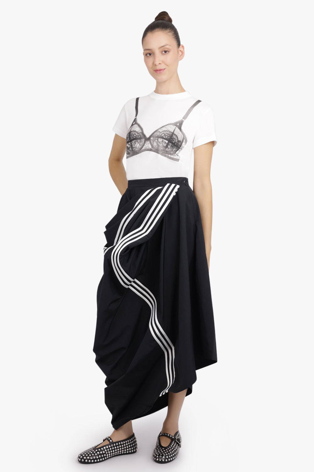 Y-3 RTW Wire Drape Asymmetric Midi Skirt With Stripe Detail | Black/White