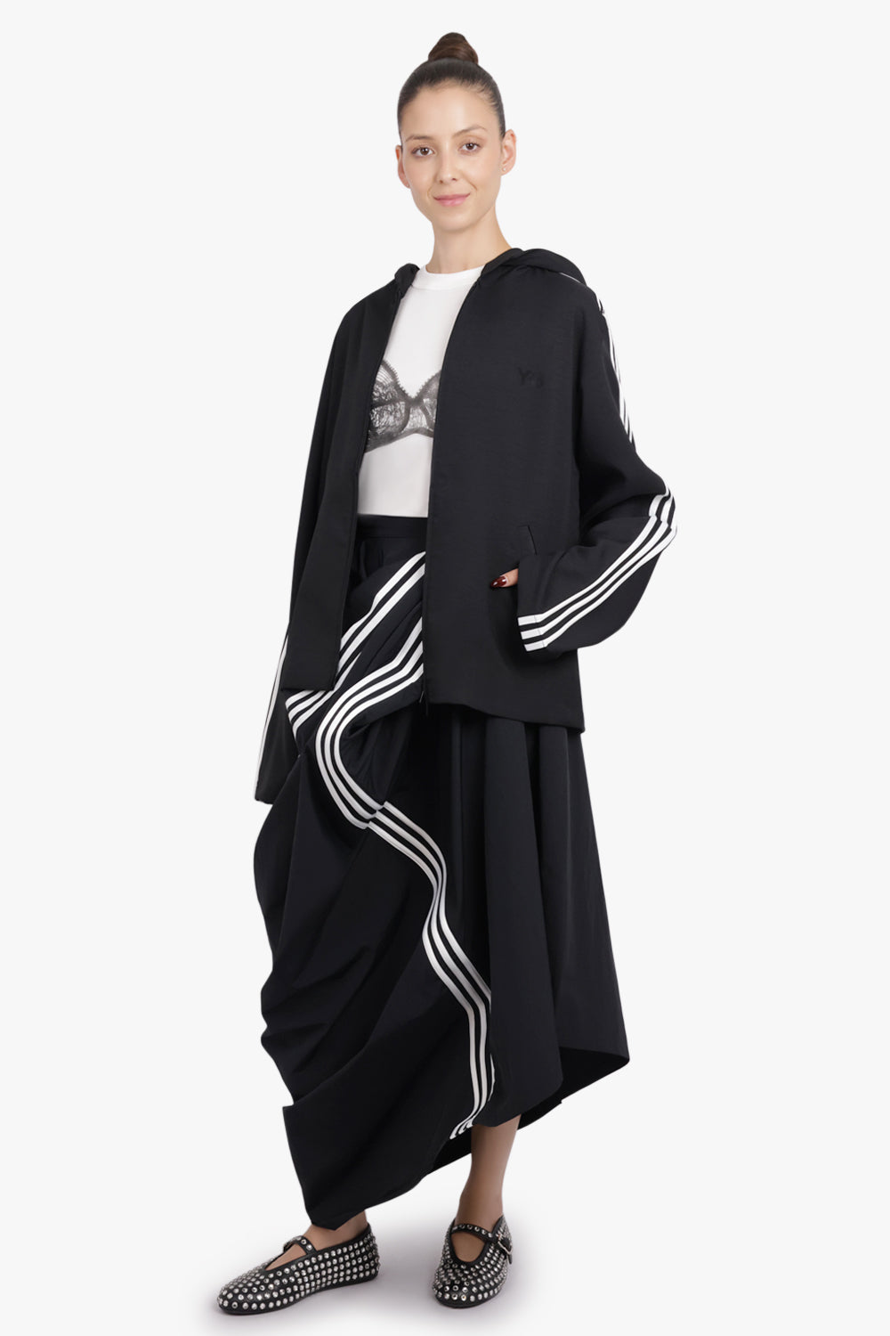 Y-3 RTW Wire Drape Asymmetric Midi Skirt With Stripe Detail | Black/White