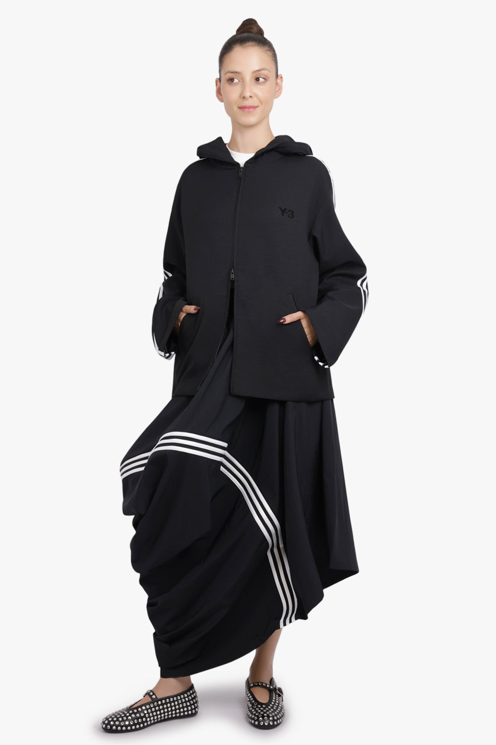 Y-3 RTW Zip Up Hoodie Wire Track Jacket With Stripe Detail | Black/White
