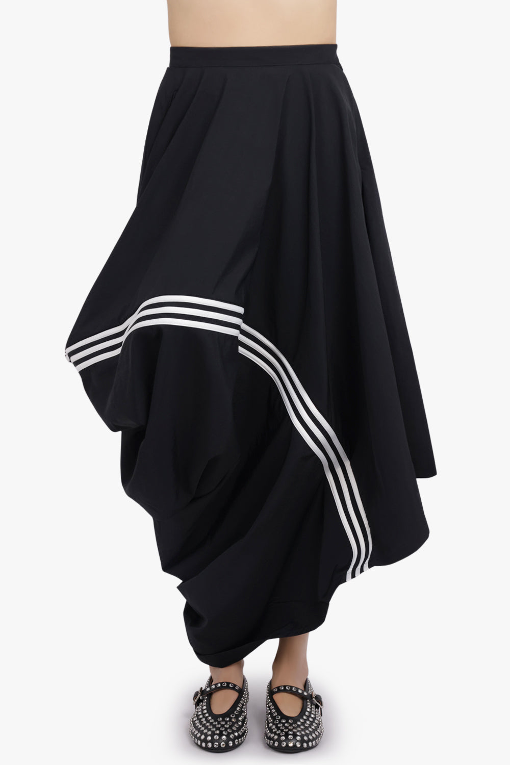 Y-3 RTW Wire Drape Asymmetric Midi Skirt With Stripe Detail | Black/White