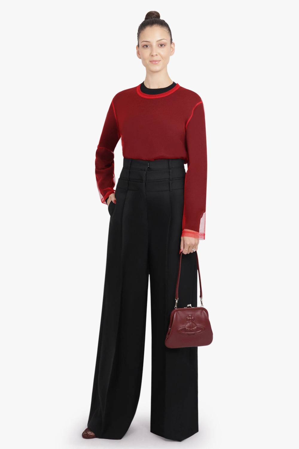 COMME DES GARCONS RTW Layered Tulle Overlay L/S Knitted Top | Black/Red