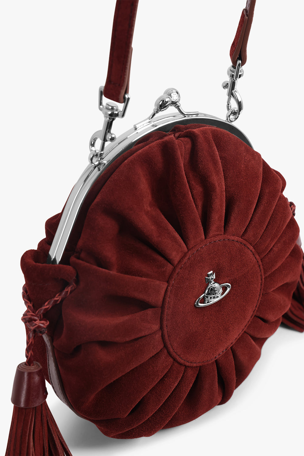 VIVIENNE WESTWOOD BAGS BURGUNDY / Burgundy Rosie Suede Frame Crossbody Bag With Tassels | Burgundy
