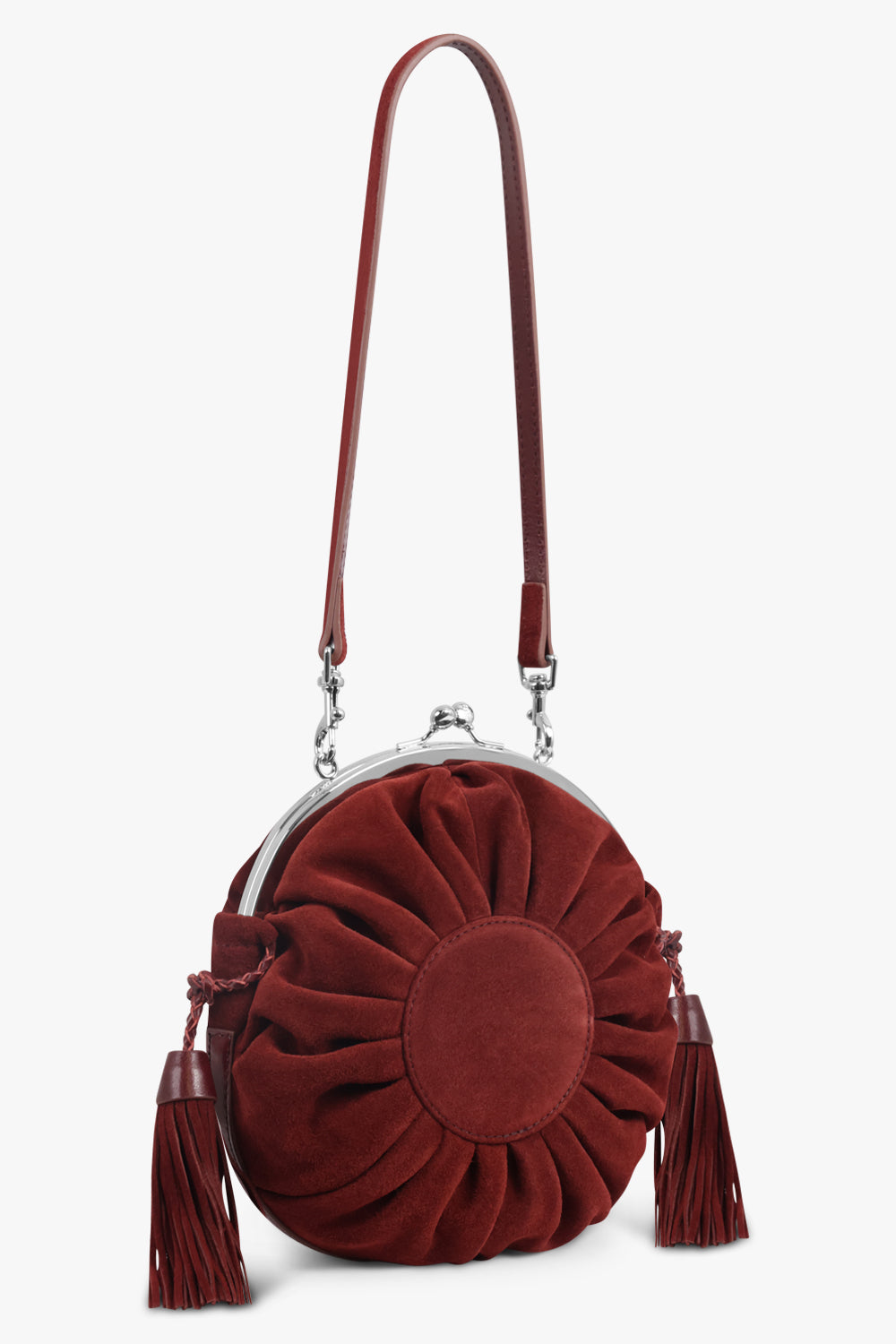 VIVIENNE WESTWOOD BAGS BURGUNDY / Burgundy Rosie Suede Frame Crossbody Bag With Tassels | Burgundy
