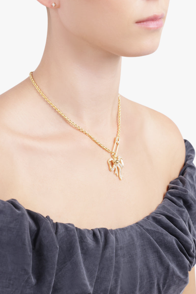 VIVIENNE WESTWOOD JEWELLERY GOLD / Gold Lilith Bow X Safety Pin Pendant Necklace | Gold