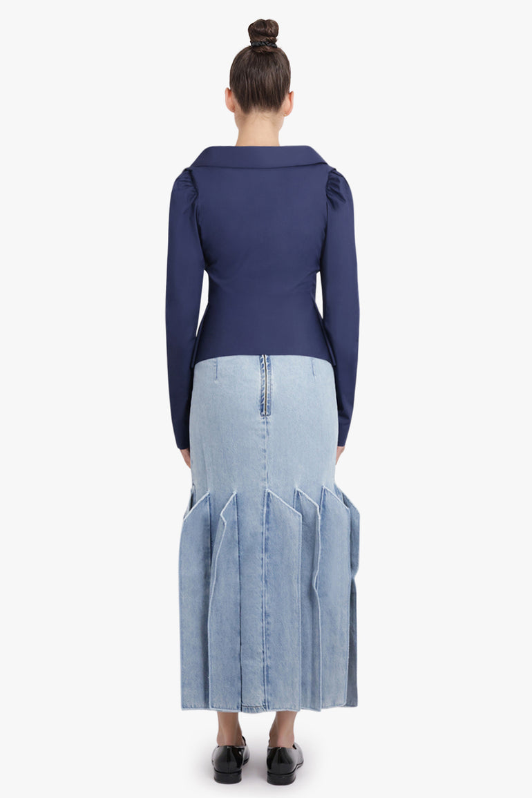 AWAKE MODE RTW Panel 3D Detail Midi Denim Skirt | Mid Blue