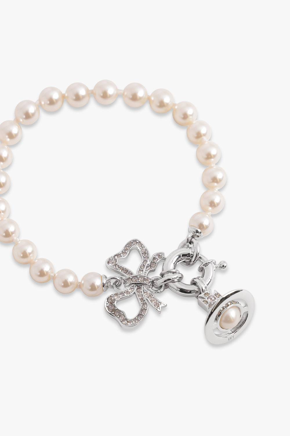 VIVIENNE WESTWOOD JEWELLERY SILVER / White/Silver Rigoberta Bow X Orb Pearl Bracelet | White/Silver