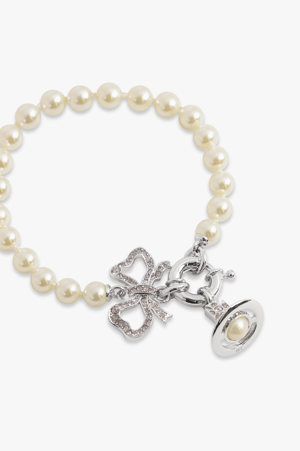 VIVIENNE WESTWOOD JEWELLERY SILVER / White/Silver Rigoberta Bow X Orb Pearl Bracelet | White/Silver