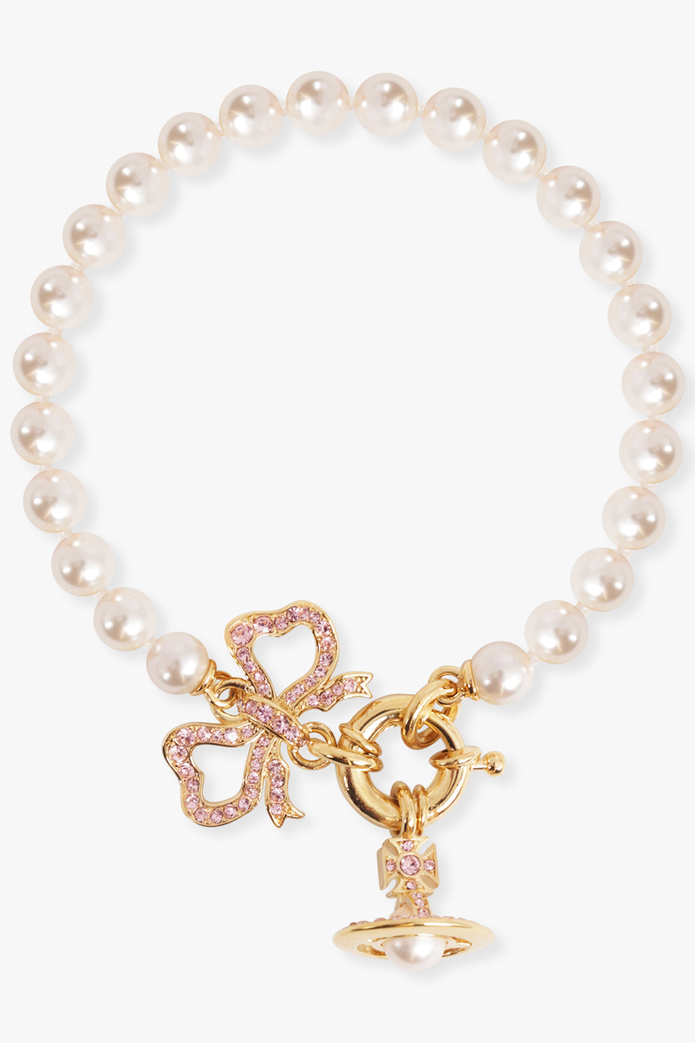 VIVIENNE WESTWOOD JEWELLERY GOLD / White/Gold Rigoberta Bow X Orb Pearl Bracelet | White/Gold