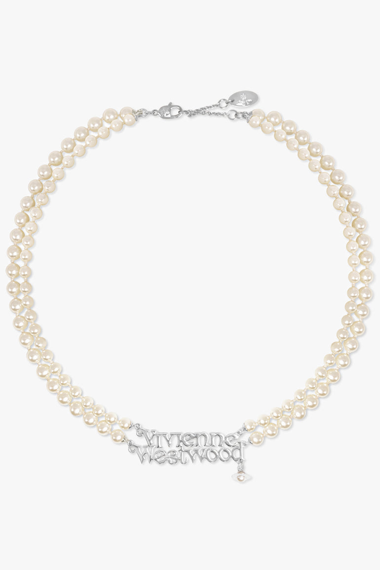 VIVIENNE WESTWOOD JEWELLERY GOLD / White/Gold Amelia Logo Pearl Double Row Necklace | White/Silver