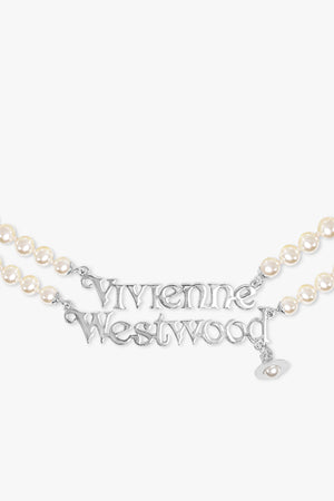 VIVIENNE WESTWOOD JEWELLERY GOLD / White/Gold Amelia Logo Pearl Double Row Necklace | White/Silver