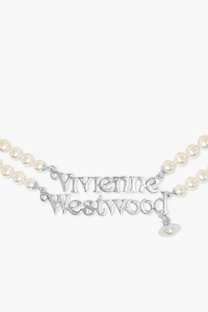 VIVIENNE WESTWOOD JEWELLERY GOLD / White/Gold Amelia Logo Pearl Double Row Necklace | White/Silver