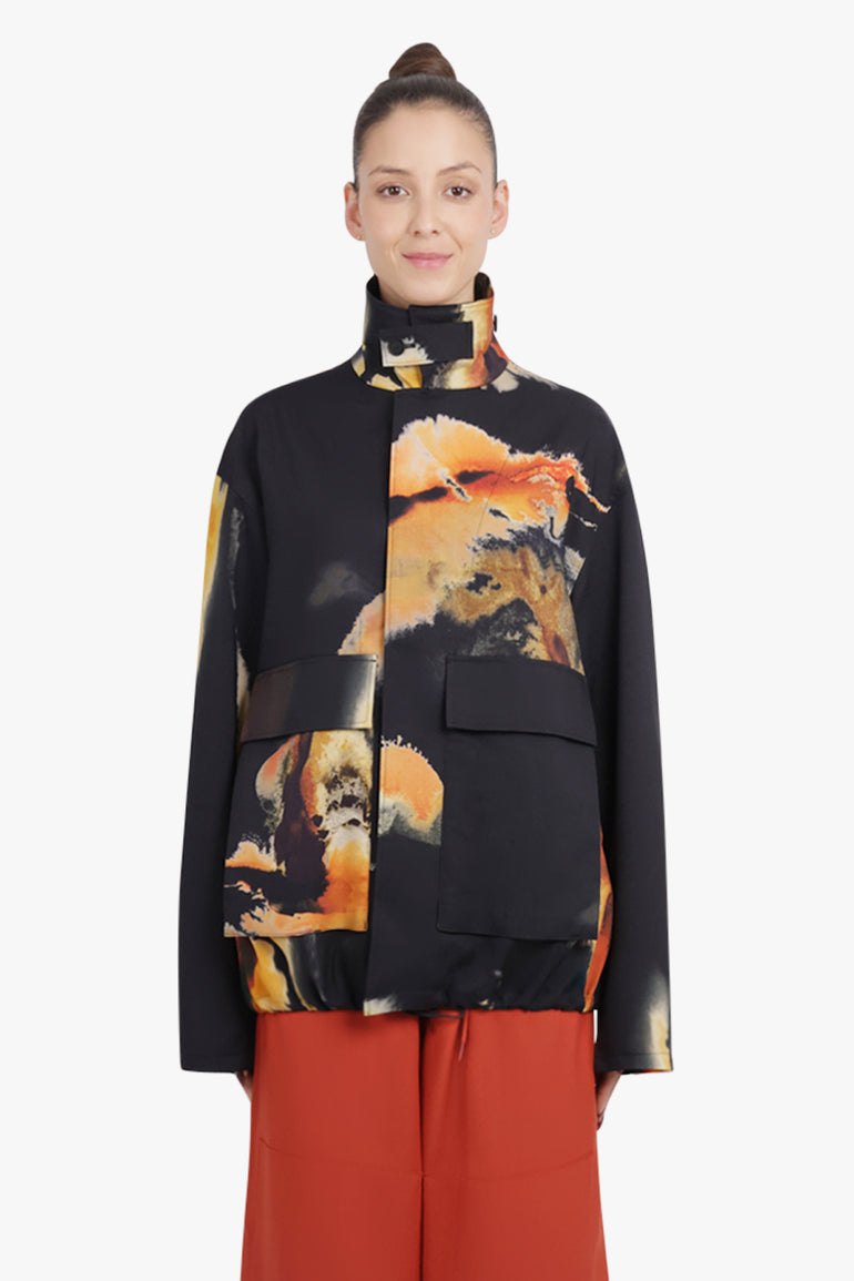 Y-3 RTW High Neck Earthy Print Pocket Detail Coach Jacket | Black/Multi