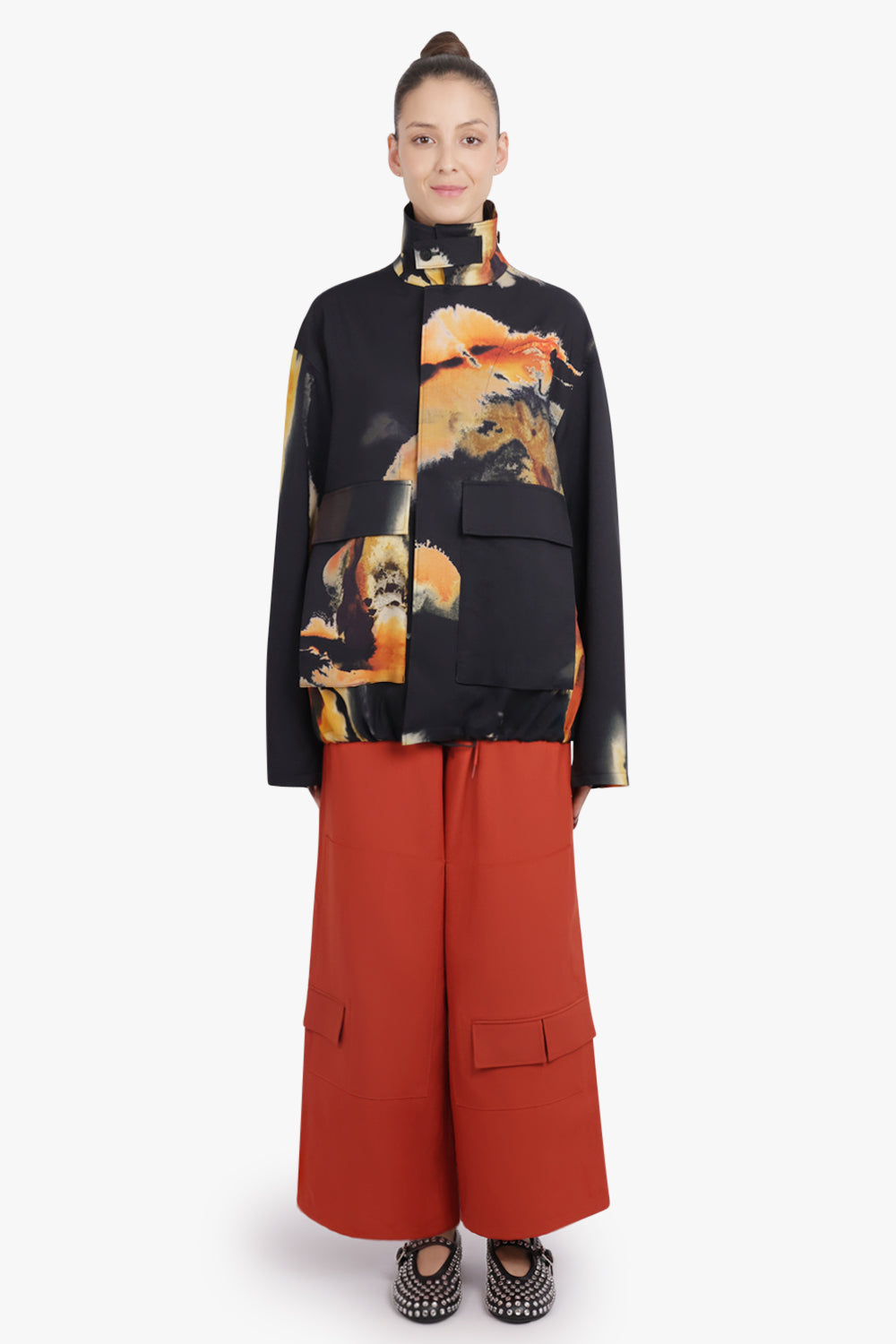 Y-3 RTW High Neck Earthy Print Pocket Detail Coach Jacket | Black/Multi