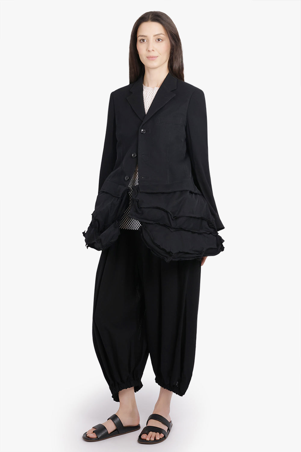 COMME DES GARCONS RTW Deconstruct Asymmetric Jacket With Tulle Hem Detail | Black