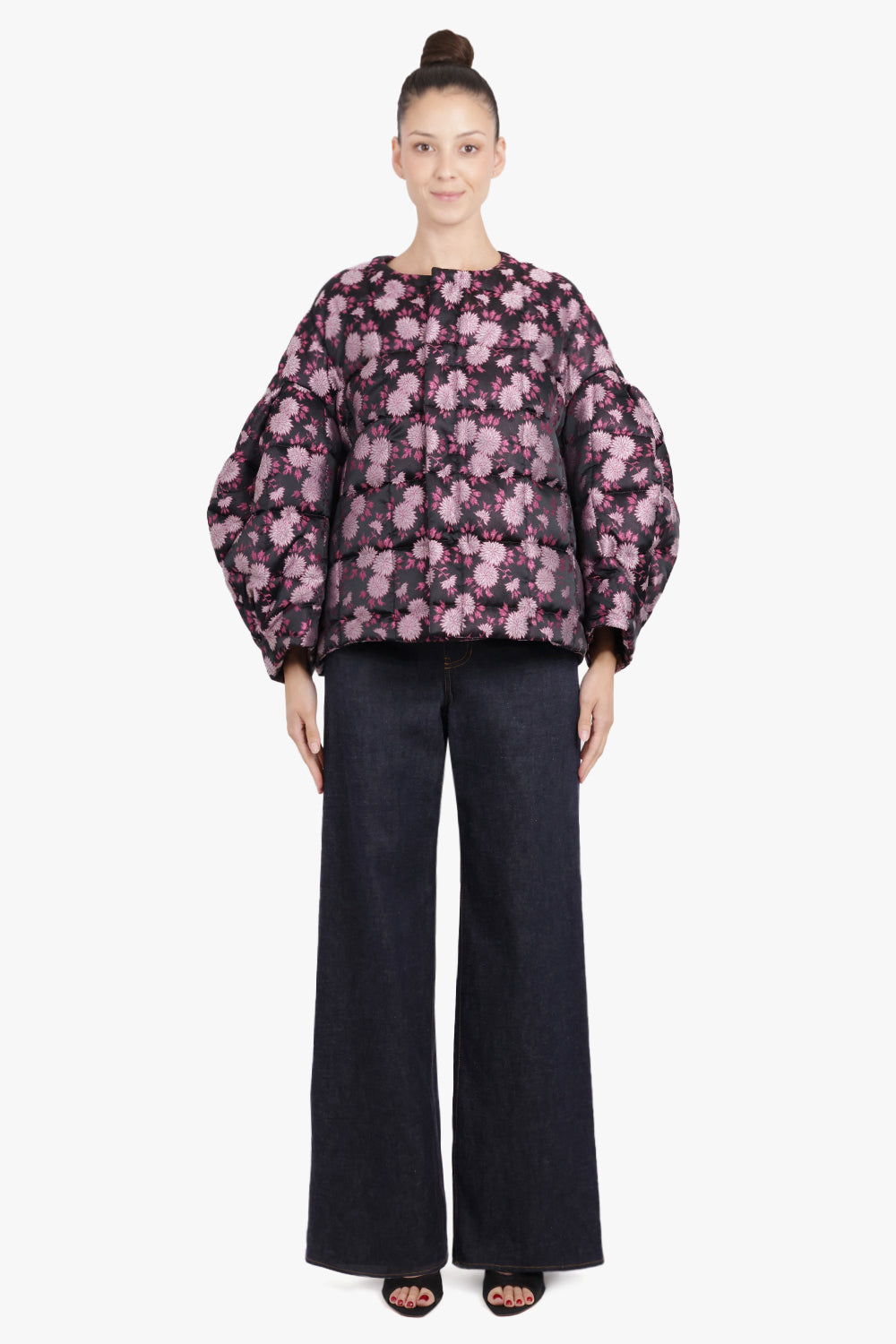 COMME DES GARCONS RTW Floral Print Quilted Balloon L/S Jacket | Black/Pink