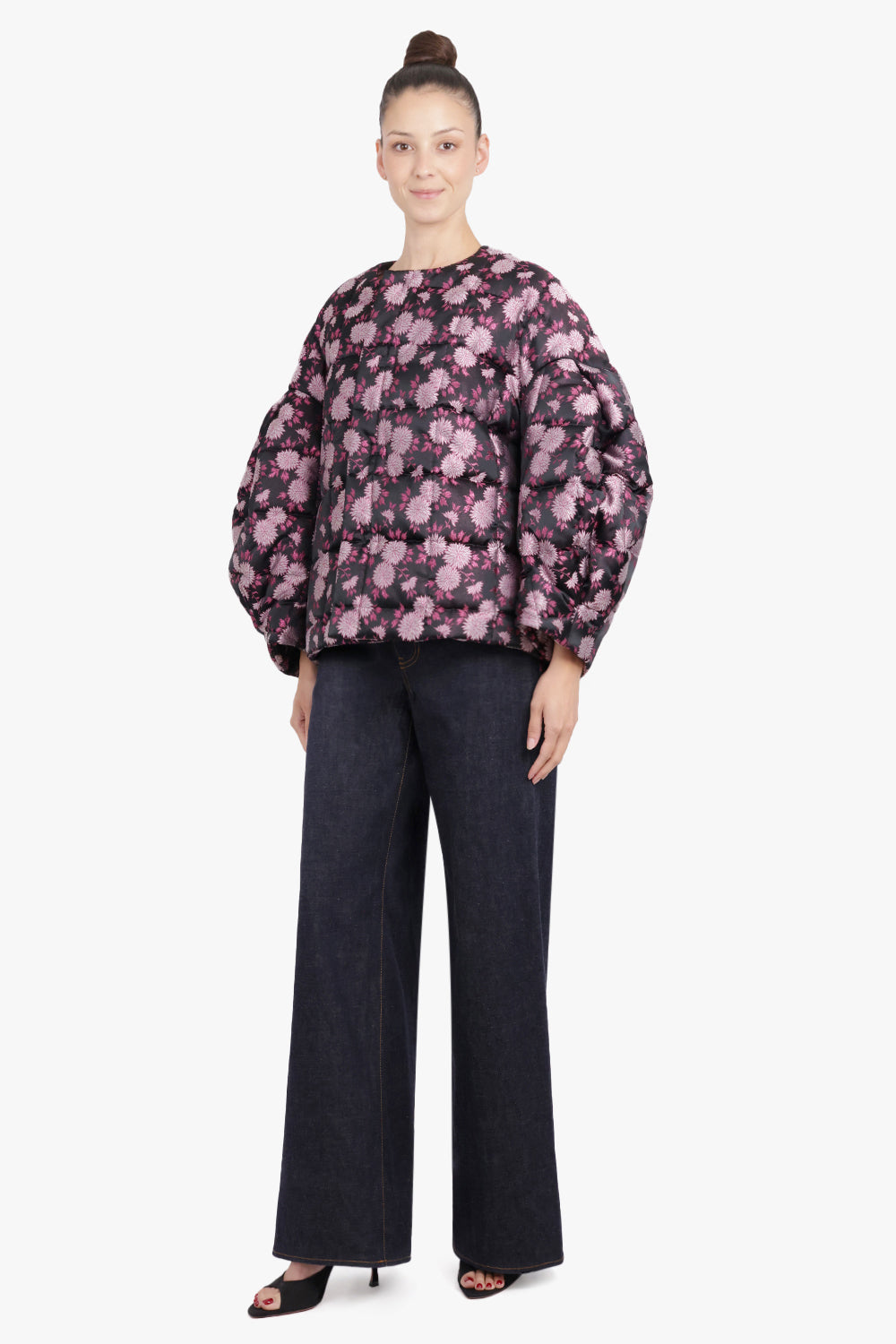 COMME DES GARCONS RTW Floral Print Quilted Balloon L/S Jacket | Black/Pink