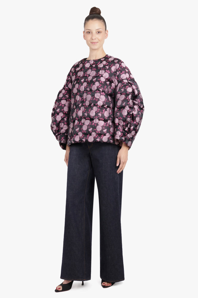 COMME DES GARCONS RTW Floral Print Quilted Balloon L/S Jacket | Black/Pink