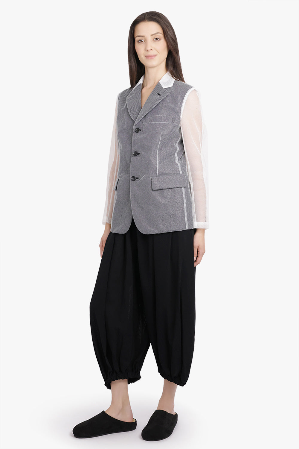 COMME DES GARCONS RTW Tulle Overlay Tailored Jacket With Sheer Sleeves | Black/Silver/White