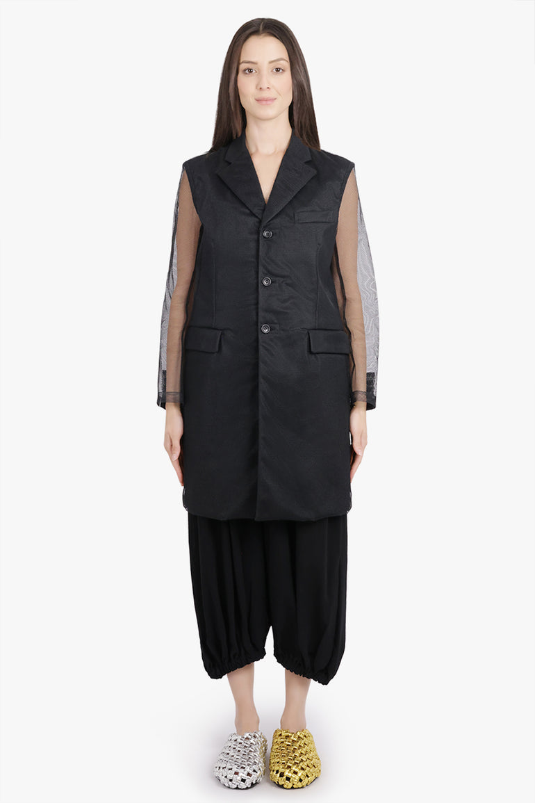 COMME DES GARCONS RTW Tulle Overlay Tailored Long Coat With Sheer Sleeves | Black